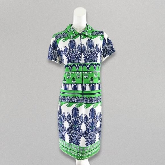 Dresses & Skirts - Vintage 60s Dress Ornate Print Collar Button-Up Short Sleeves White/Green/Blue L